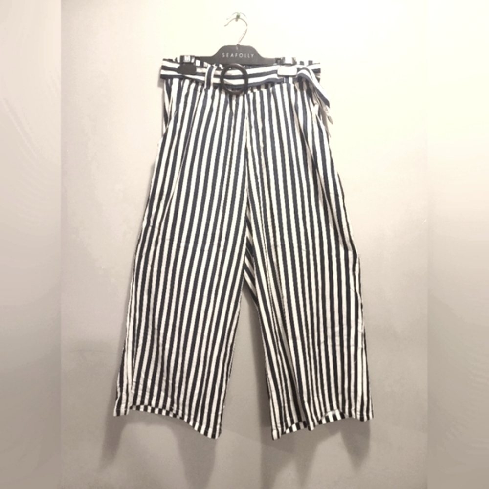 Cotton On Black & White Striped with Belt Wide leg Trousers/Pants